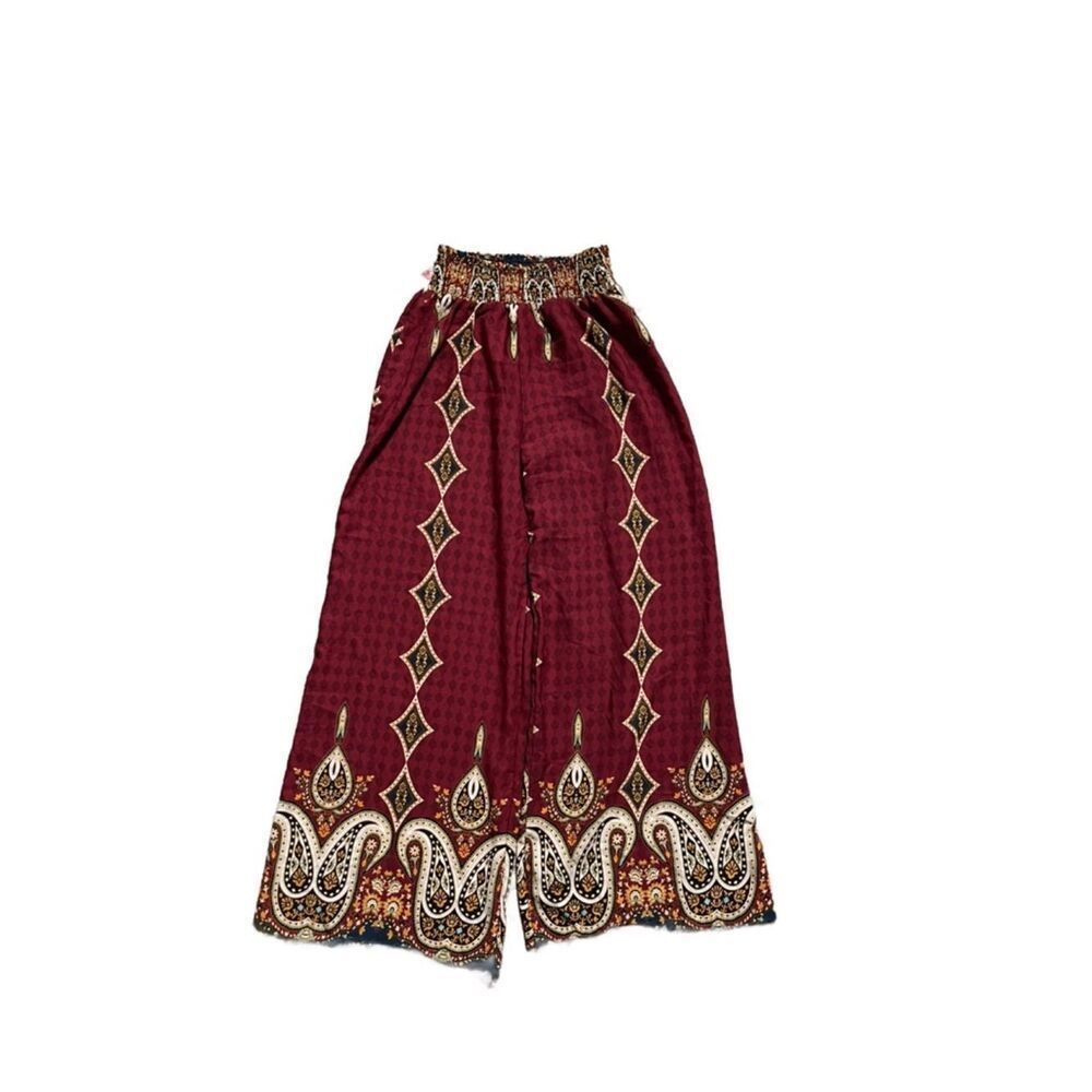 Fashion Nova Burgundy Paisley Patterned Elastic-Waist Wide-Leg Pants (Small) - Picture 5 of 16